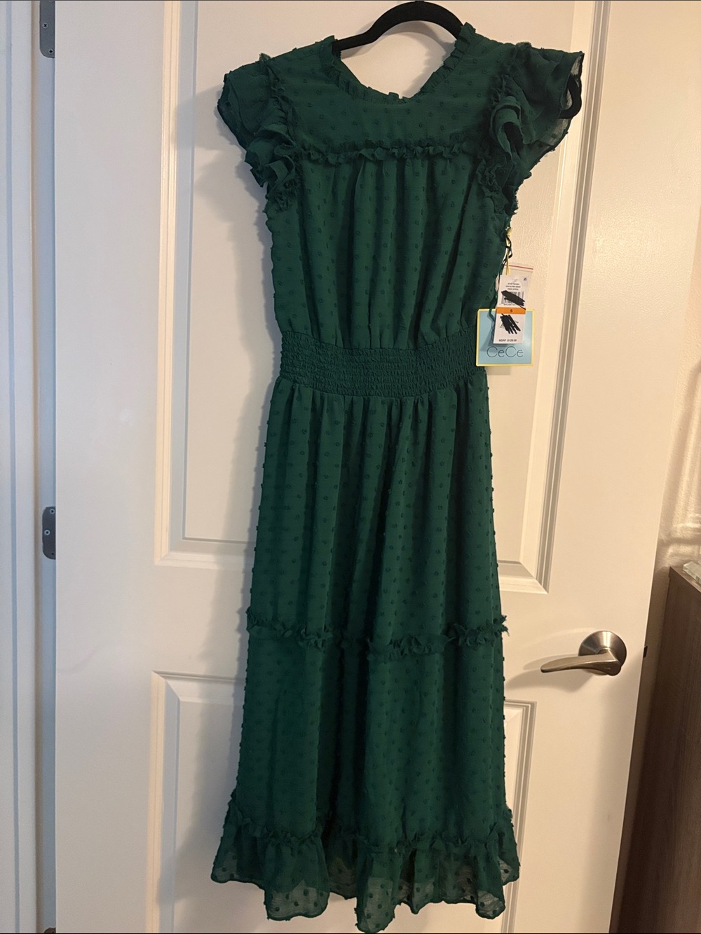 CeCe Emerald Green Midi Dress with Ruffle Tiers